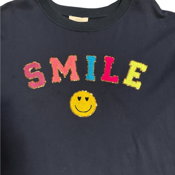 Navy Smile Graphic Sweatshirt Sequin Accent Oversized 3/4 Sleeves Blue Size M - Picture 6 of 6